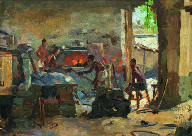 10.《農(nóng)村鐵工坊》 高潮 27.5x38cm 1957年 布面油畫 中國美術(shù)館藏.jpg