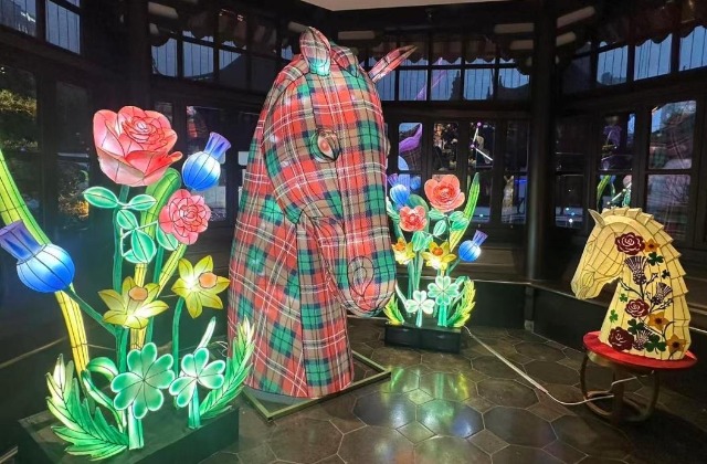 東華大學(xué)學(xué)生設(shè)計(jì)制作的中英元素花燈藝術(shù)裝置。學(xué)校供圖